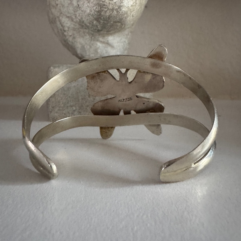 Vintage‎ Alpaca Silver Butterfly Cuff Bracelet Black Inlay - Picture 5 of 11